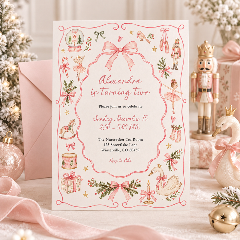 Pink Christmas Nutcracker Birthday Invitation L183