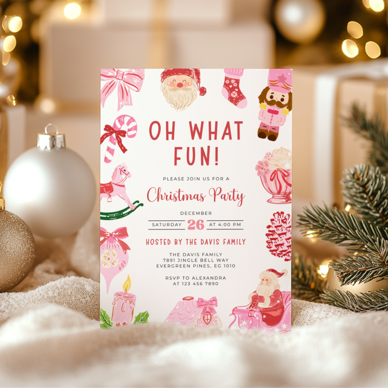 Oh What Fun Christmas Invitation Template with Grandmillennial Illustrations L52