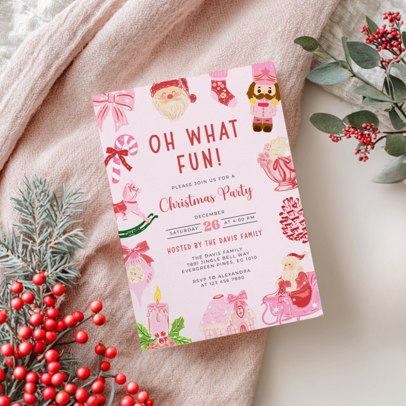 Oh What Fun Christmas Invitation Template with Grandmillennial Illustrations L52