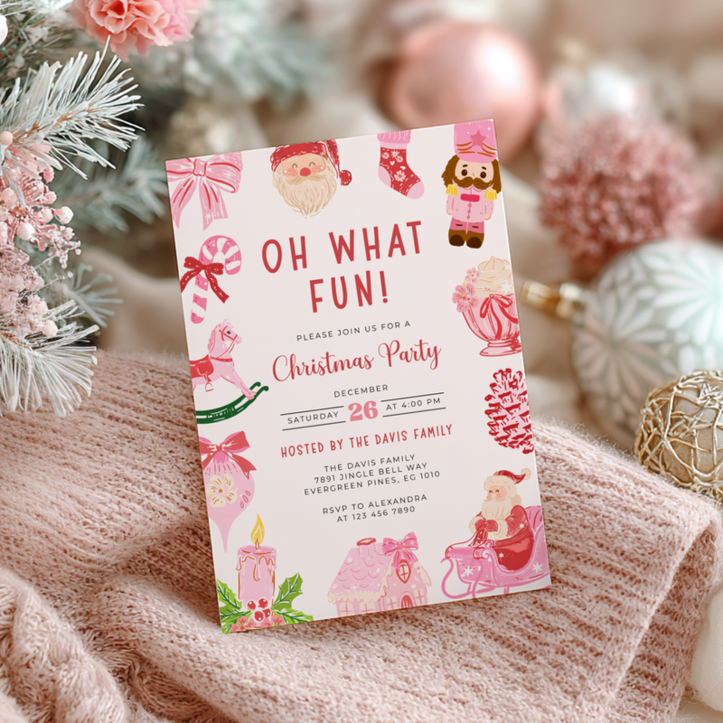 Oh What Fun Christmas Invitation Template with Grandmillennial Illustrations L52