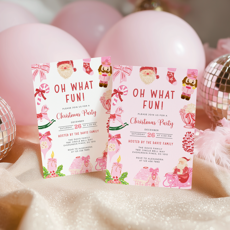 Oh What Fun Christmas Invitation Template with Grandmillennial Illustrations L52