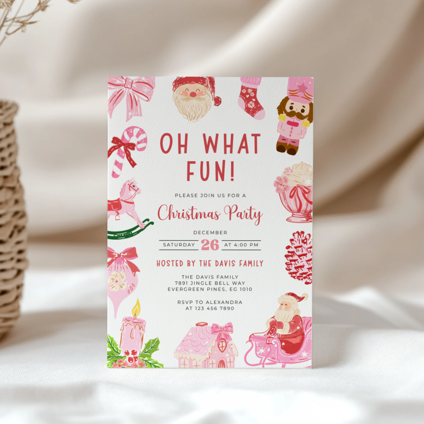 Oh What Fun Christmas Invitation Template with Grandmillennial Illustrations L52
