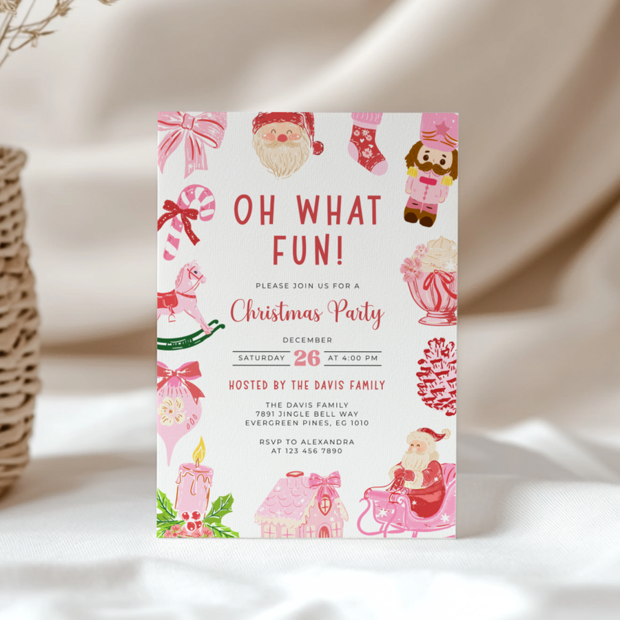 Oh What Fun Christmas Invitation Template with Grandmillennial Illustrations L52