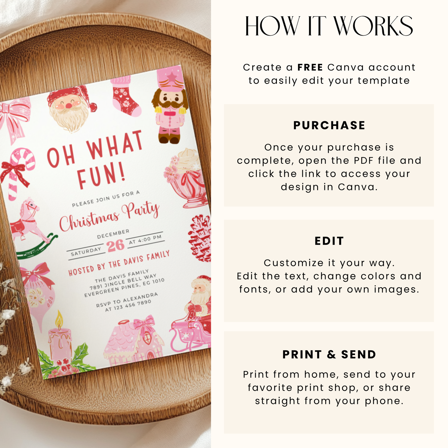 Oh What Fun Christmas Invitation Template with Grandmillennial Illustrations L52