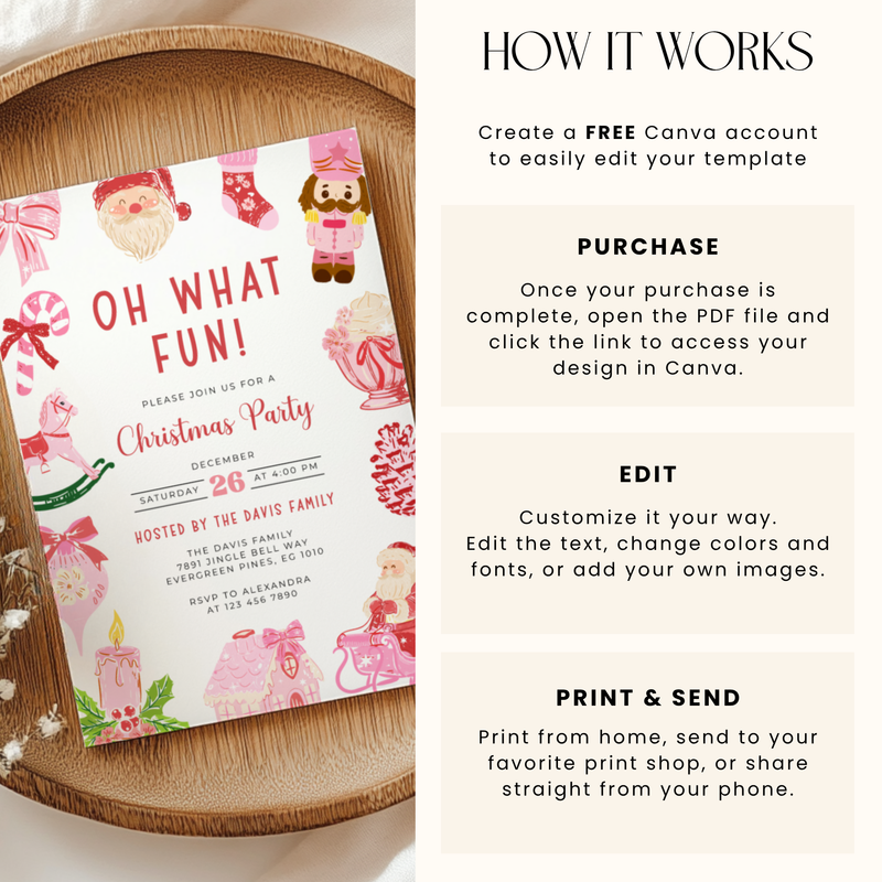 Oh What Fun Christmas Invitation Template with Grandmillennial Illustrations L52