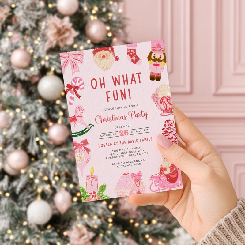 Oh What Fun Christmas Invitation Template with Grandmillennial Illustrations L52