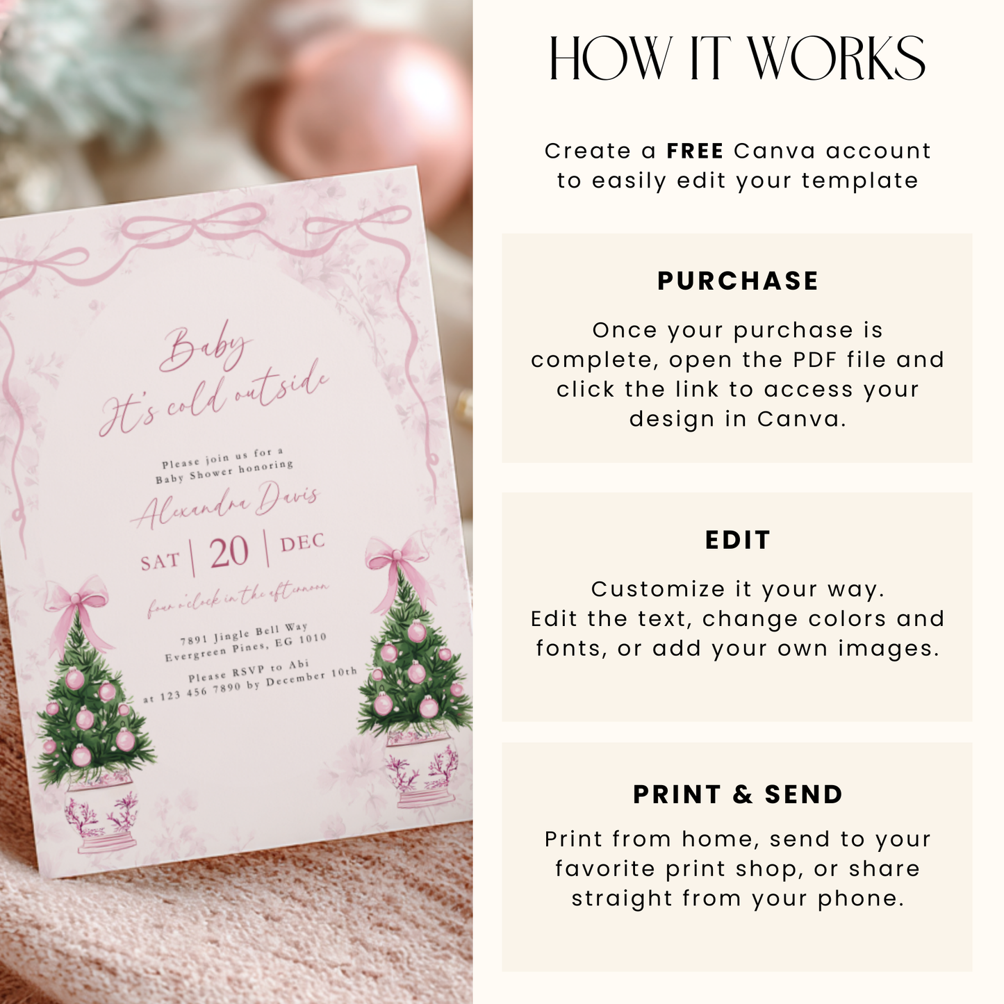 Pink Coquette Christmas Baby Shower Invitation Template Baby It's Cold Outside L39