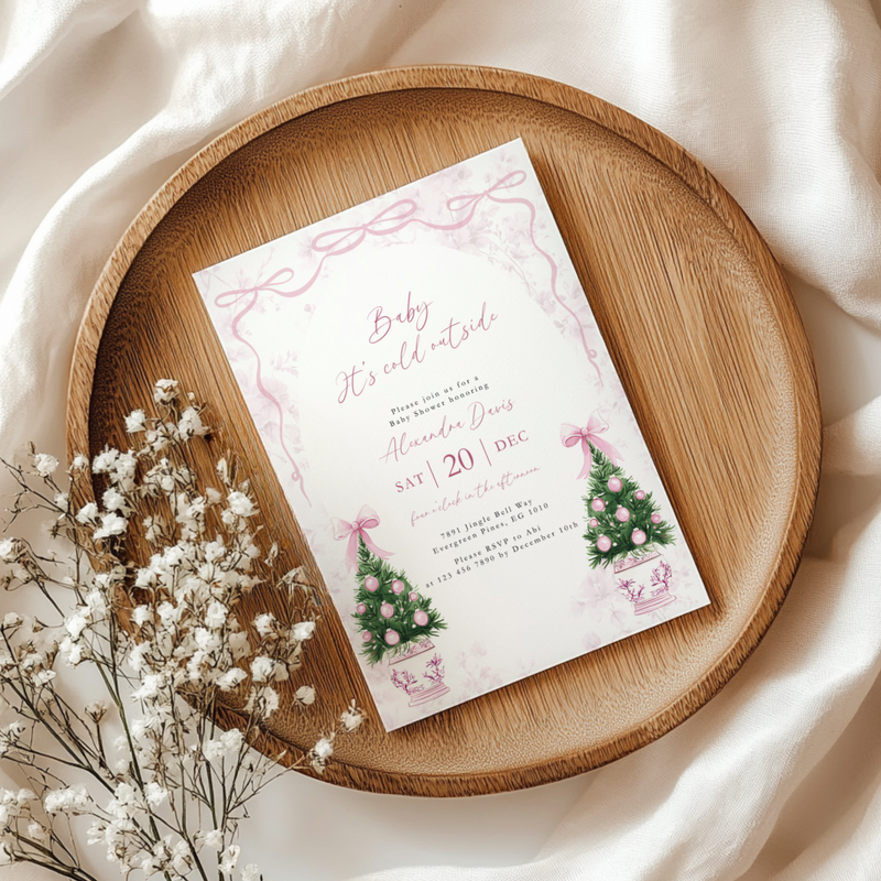 Pink Coquette Christmas Baby Shower Invitation Template Baby It's Cold Outside L39