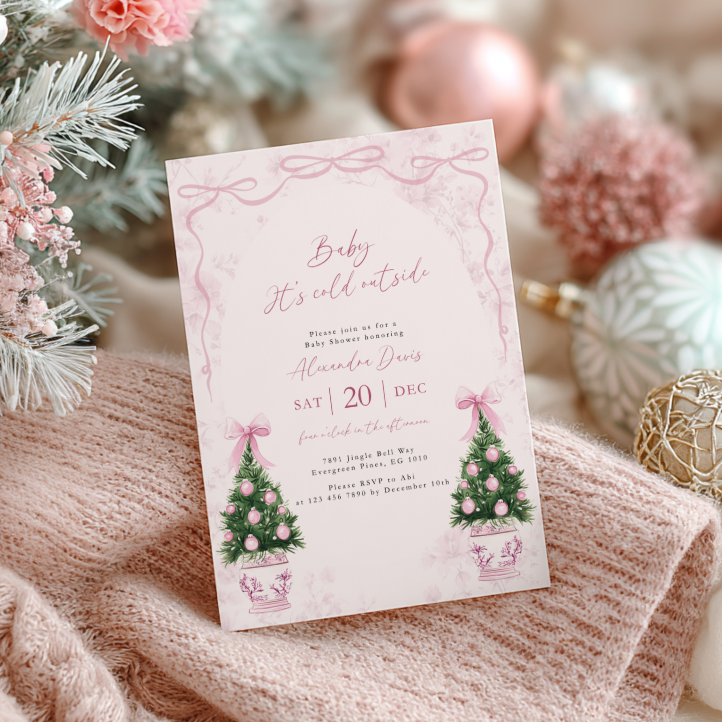 Pink Coquette Christmas Baby Shower Invitation Template Baby It's Cold Outside L39