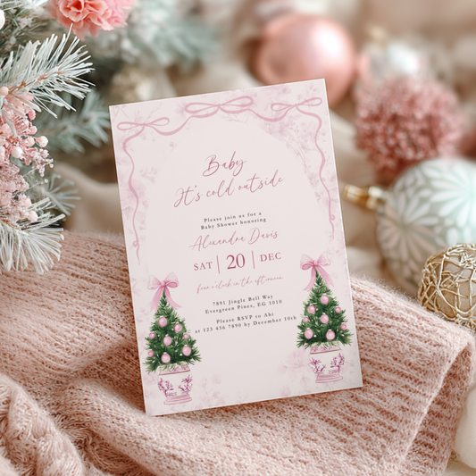Pink Coquette Christmas Baby Shower Invitation Template Baby It's Cold Outside L39