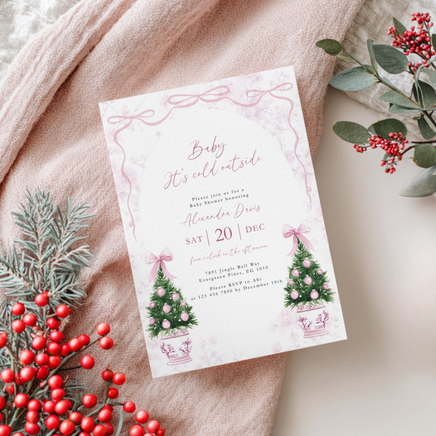 Pink Coquette Christmas Baby Shower Invitation Template Baby It's Cold Outside L39
