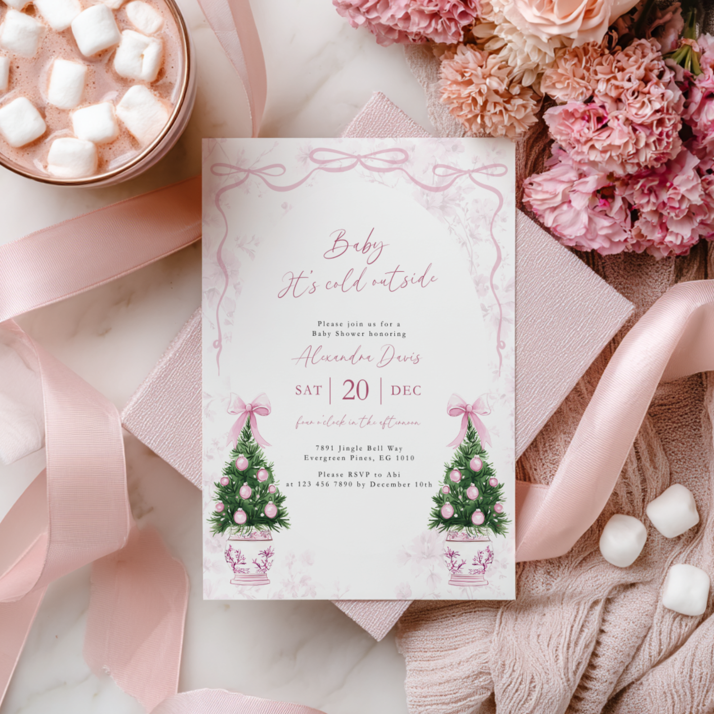 Pink Coquette Christmas Baby Shower Invitation Template Baby It's Cold Outside L39