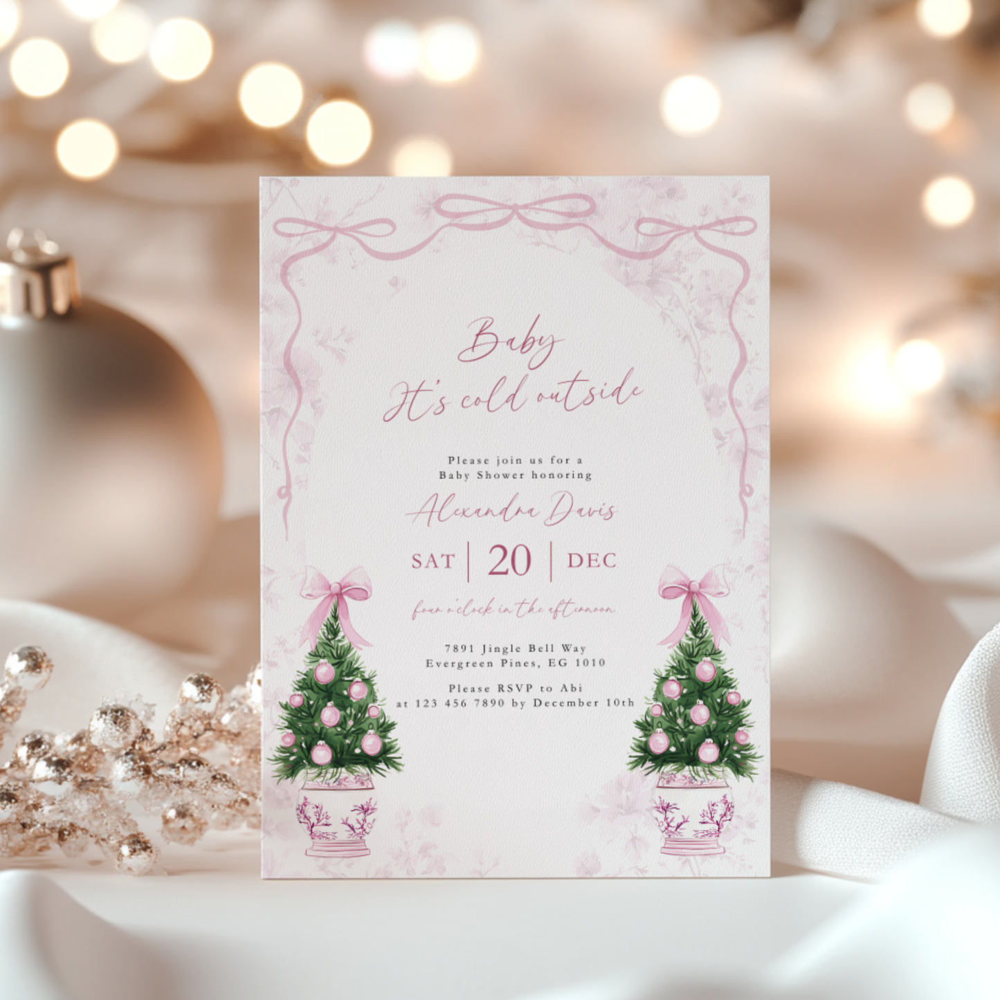 Pink Coquette Christmas Baby Shower Invitation Template Baby It's Cold Outside L39