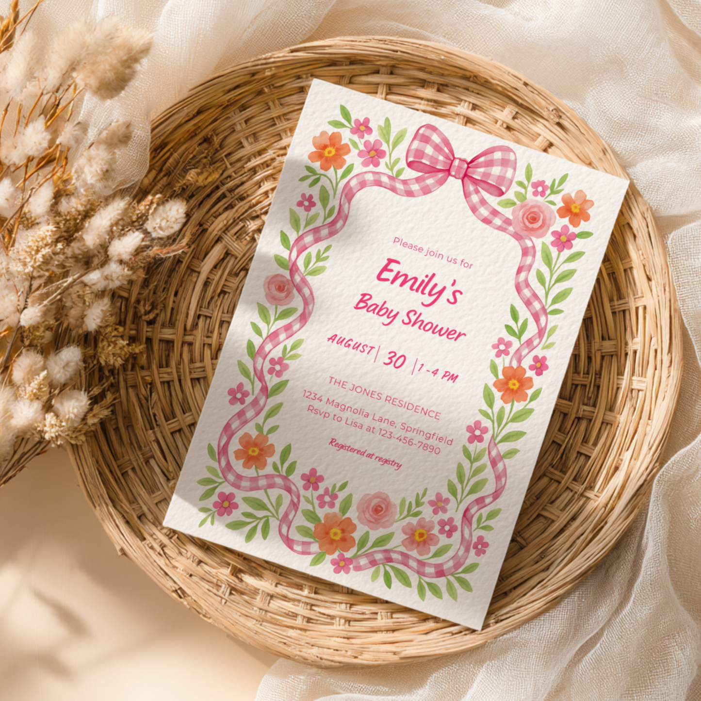 Baby Shower Invitation - Pink Gingham Bow Floral Baby In Bloom BS171