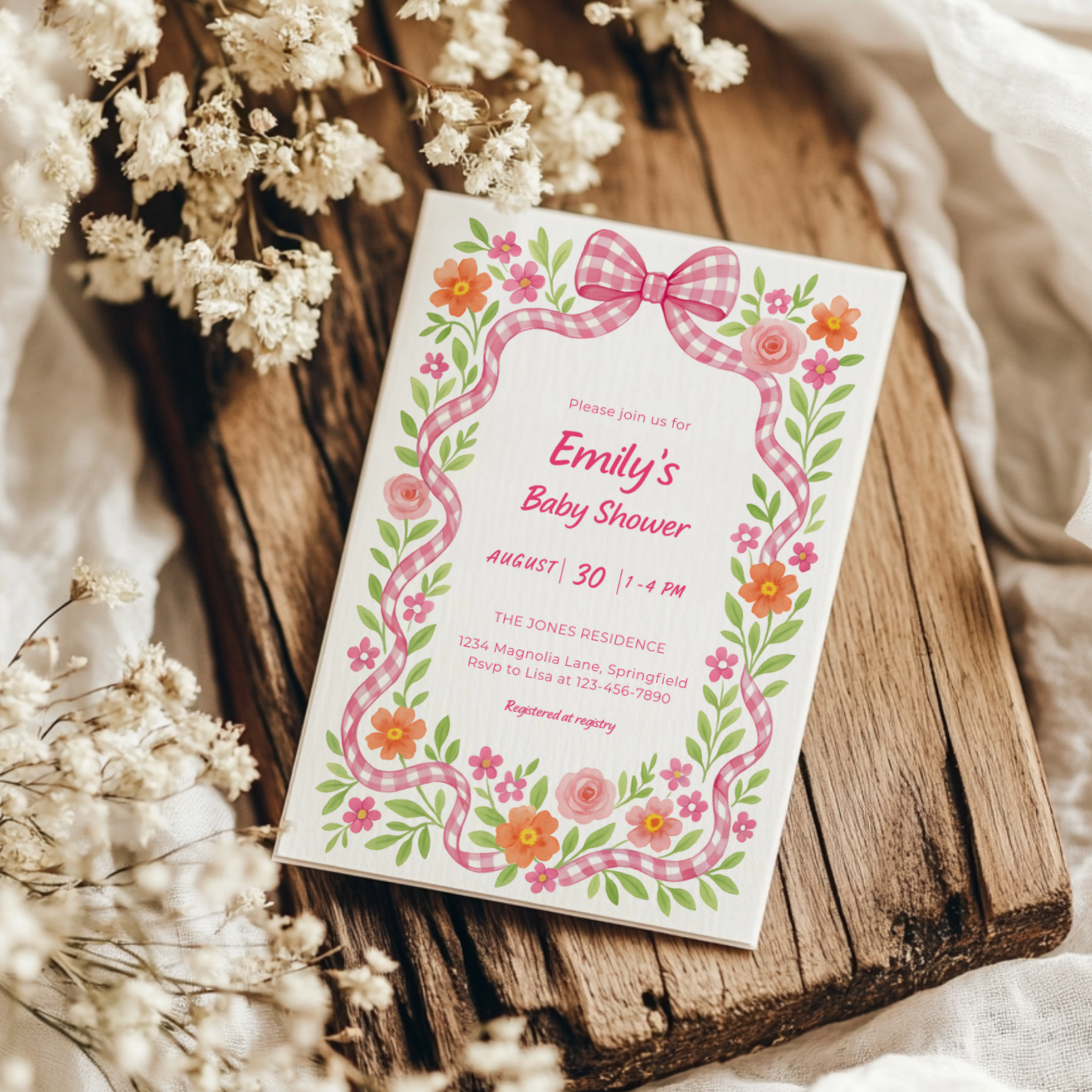 Baby Shower Invitation - Pink Gingham Bow Floral Baby In Bloom BS171