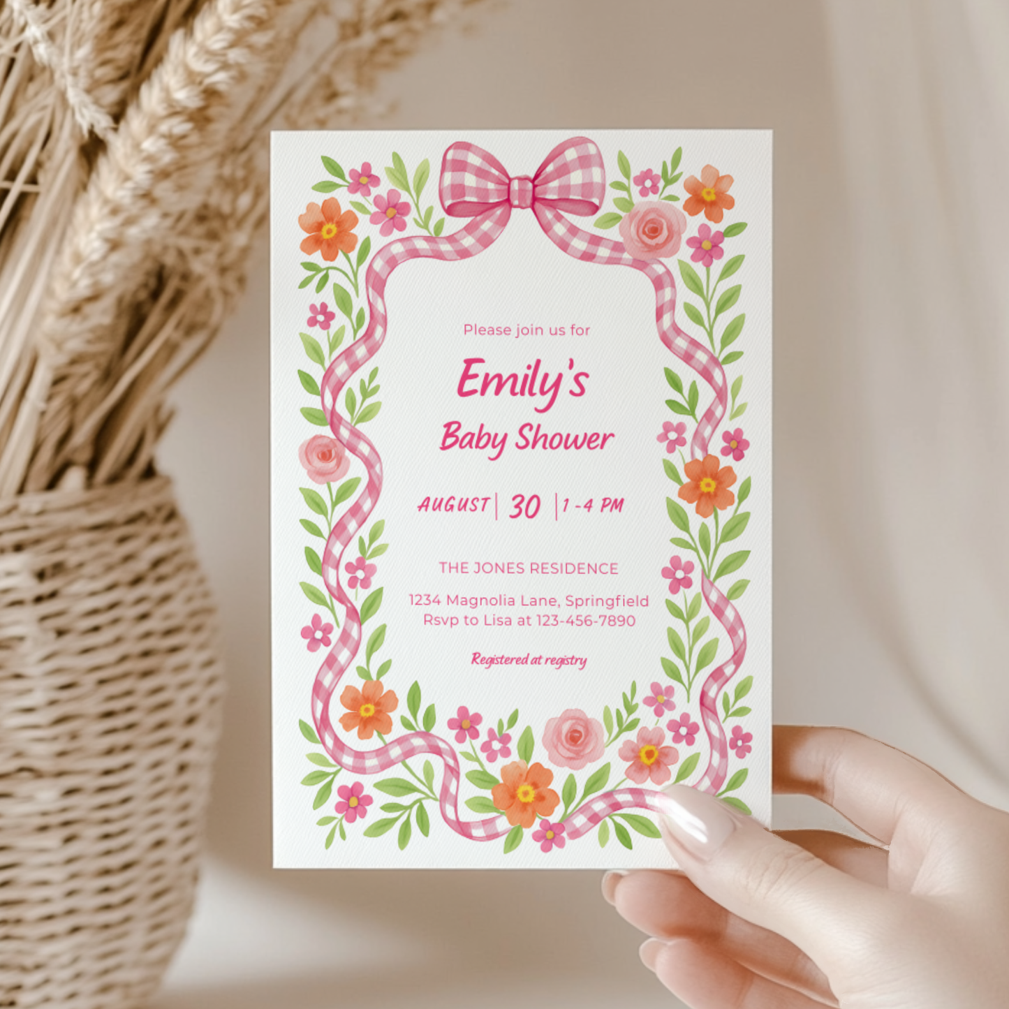 Baby Shower Invitation - Pink Gingham Bow Floral Baby In Bloom BS171