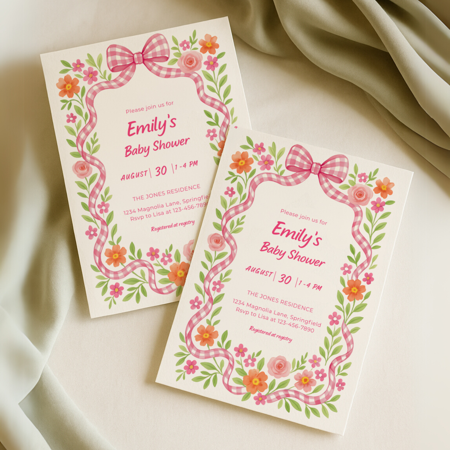 Baby Shower Invitation - Pink Gingham Bow Floral Baby In Bloom BS171