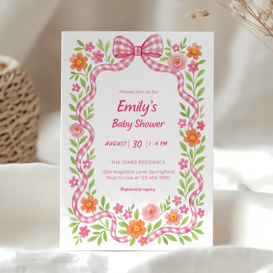 Baby Shower Invitation - Pink Gingham Bow Floral Baby In Bloom BS171