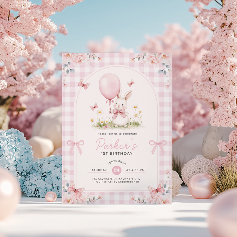Pink Gingham Bunny Birthday Invitation L112