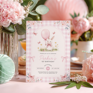 Pink Gingham Bunny Birthday Invitation L112