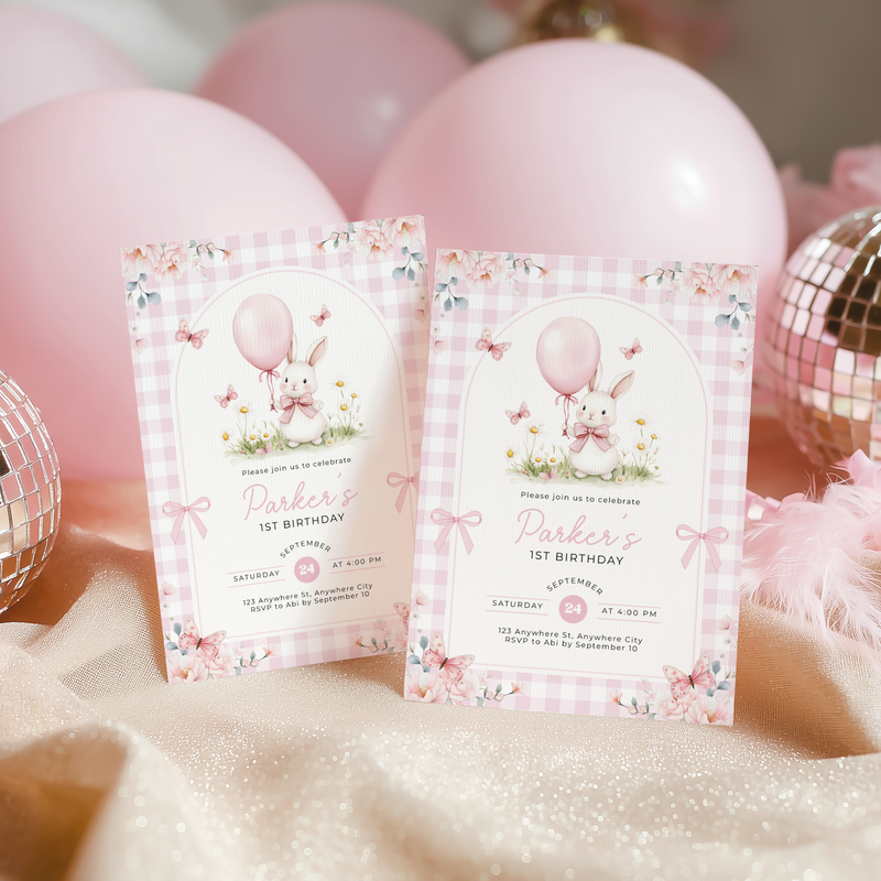 Pink Gingham Bunny Birthday Invitation L112