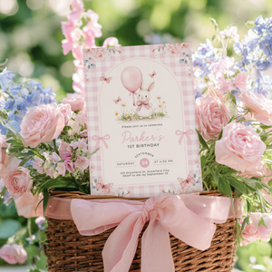 Pink Gingham Bunny Birthday Invitation L112