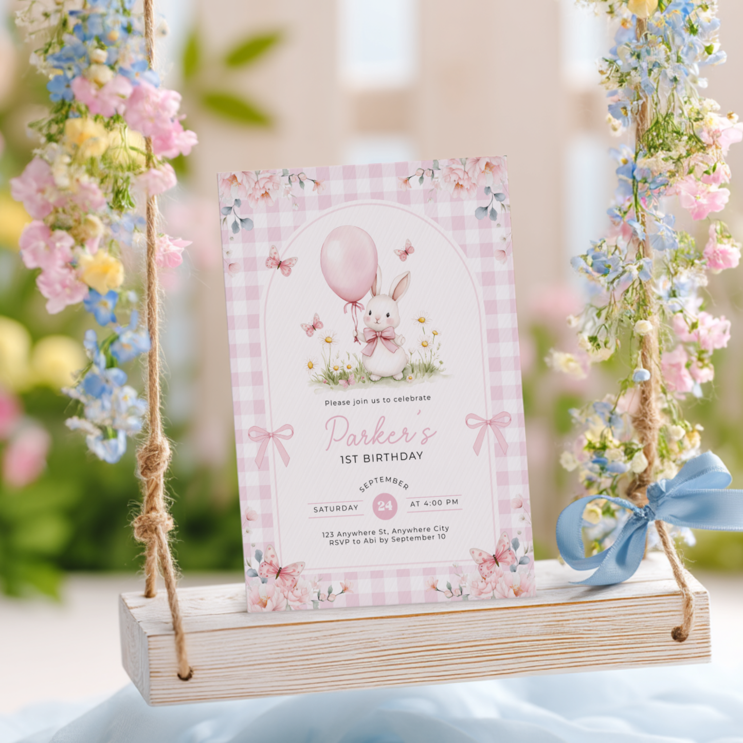 Pink Gingham Bunny Birthday Invitation L112
