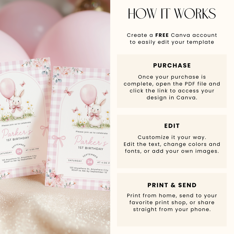 Pink Gingham Bunny Birthday Invitation L112
