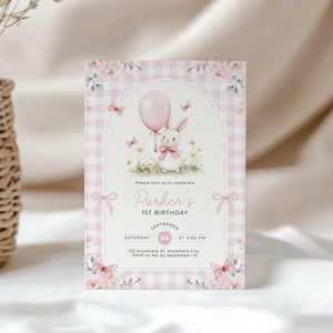 Pink Gingham Bunny Birthday Invitation L112