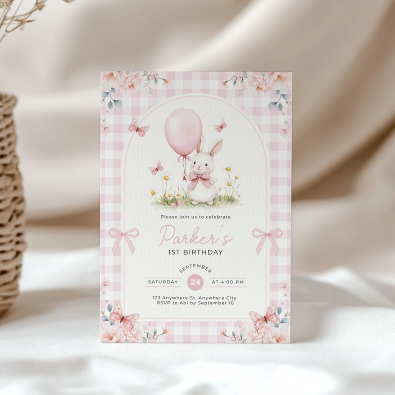Pink Gingham Bunny Birthday Invitation L112