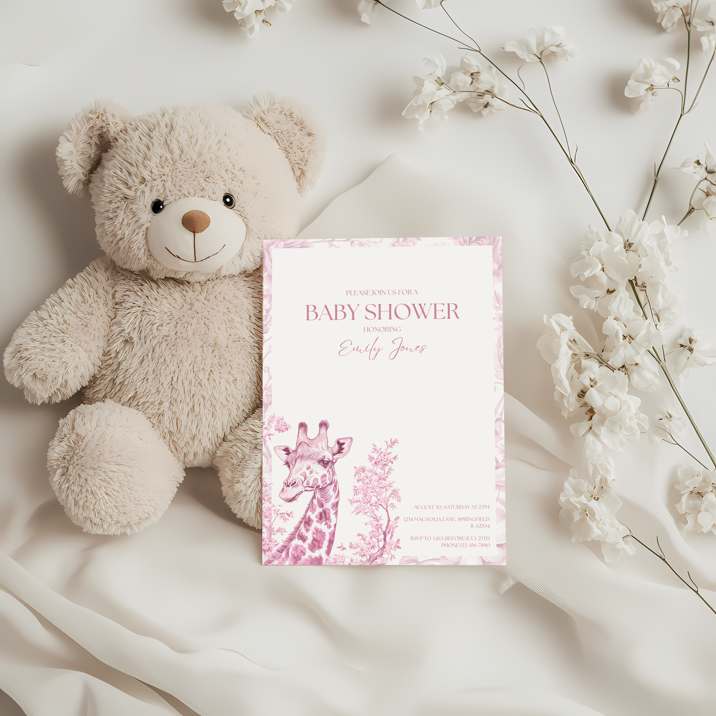 Baby Shower Invitation - Pink Safari Chinoiserie Giraffe BS16