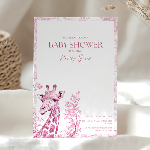 Baby Shower Invitation - Pink Safari Chinoiserie Giraffe BS16