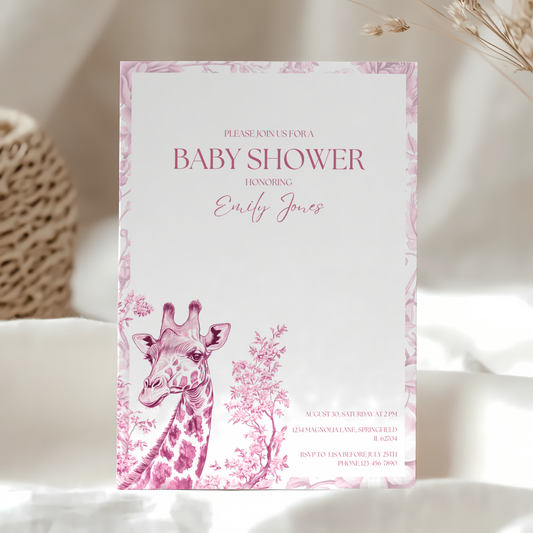 Baby Shower Invitation - Pink Safari Chinoiserie Giraffe BS16