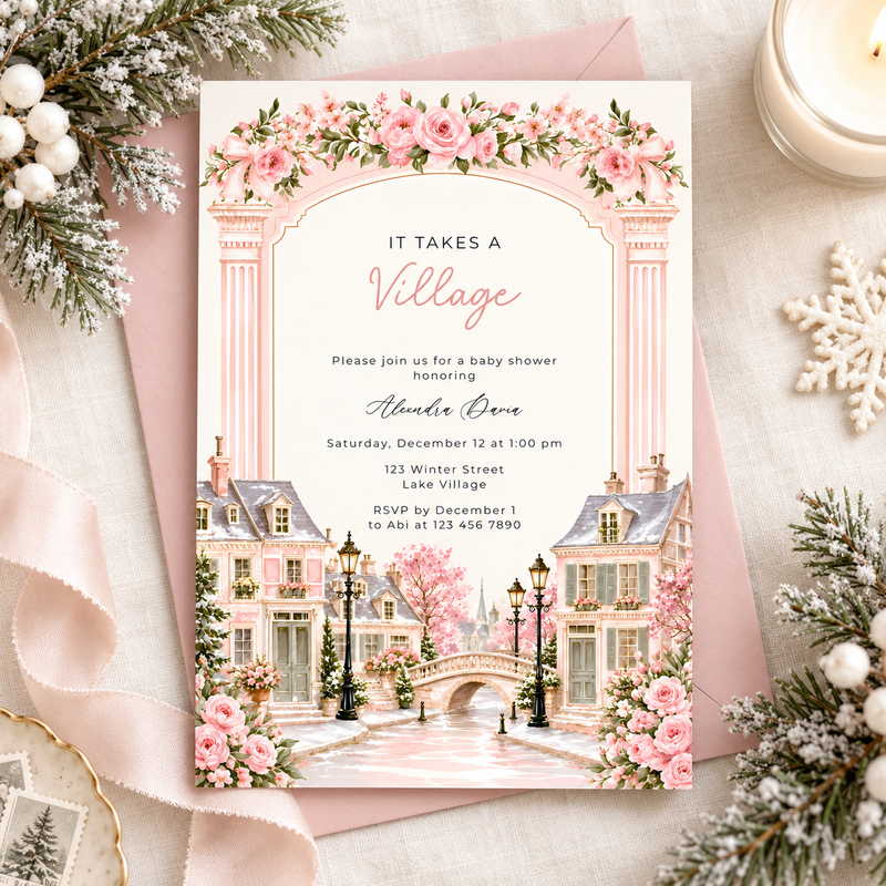 Pink It Takes a Village Baby Shower Invitation L168