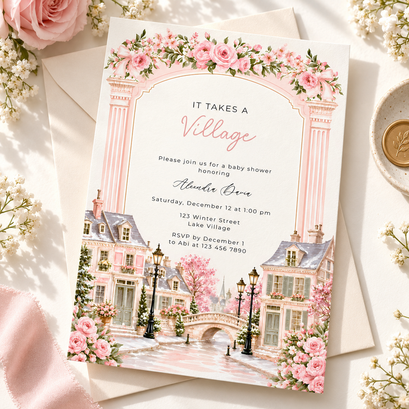 Pink It Takes a Village Baby Shower Invitation L168
