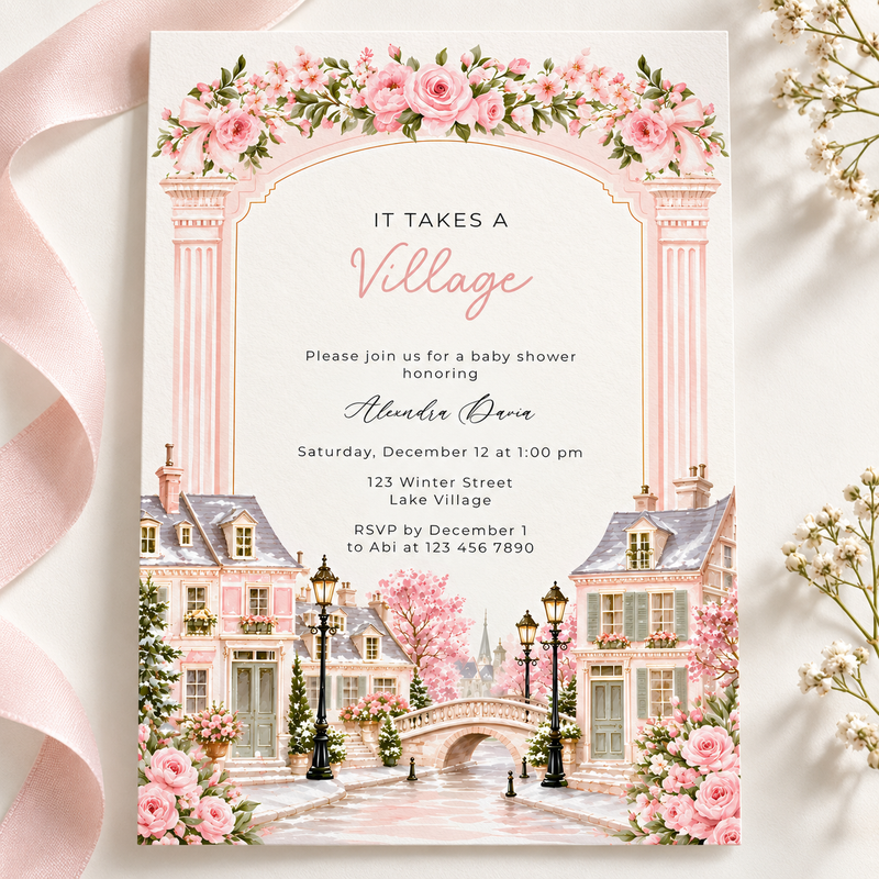 Pink It Takes a Village Baby Shower Invitation L168