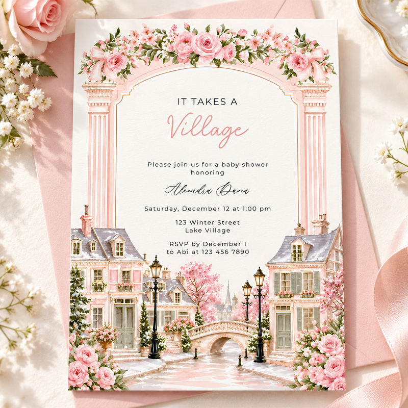 Pink It Takes a Village Baby Shower Invitation L168
