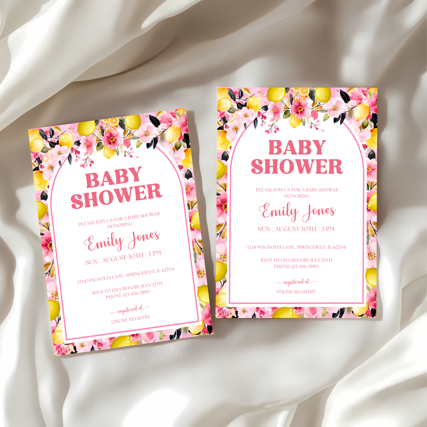 Baby Shower Invitation - Pink Lemon Citrus Summer Floral BS113