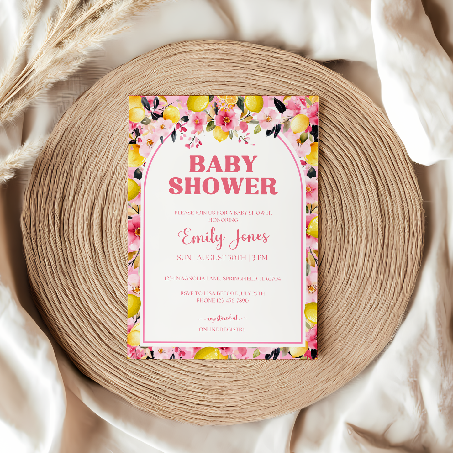 Baby Shower Invitation - Pink Lemon Citrus Summer Floral BS113