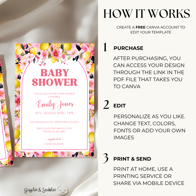 Baby Shower Invitation - Pink Lemon Citrus Summer Floral BS113