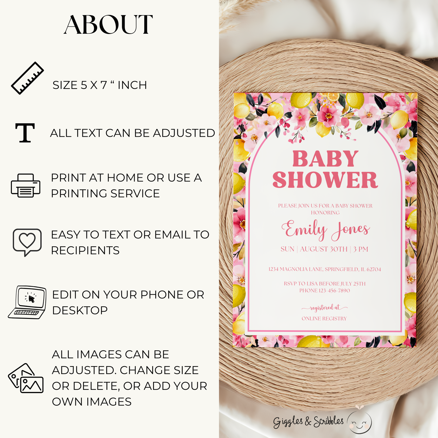 Baby Shower Invitation - Pink Lemon Citrus Summer Floral BS113