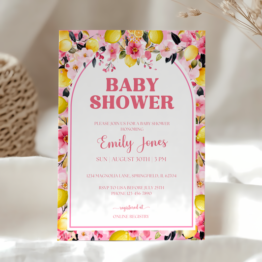 Baby Shower Invitation - Pink Lemon Citrus Summer Floral BS113
