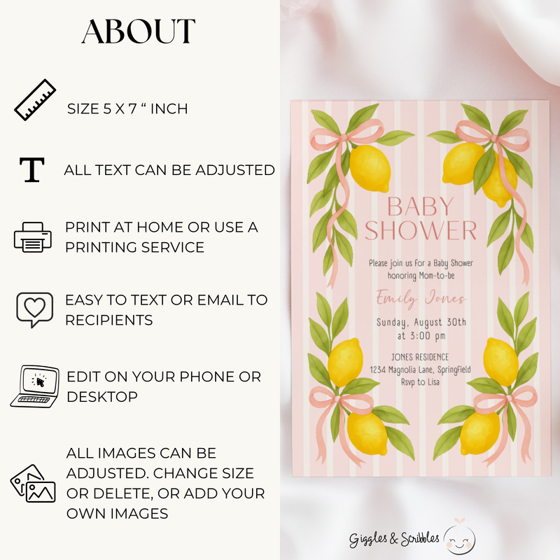 Baby Shower Invitation - Pink Lemon & Bows Ciao Baby Girl BS173