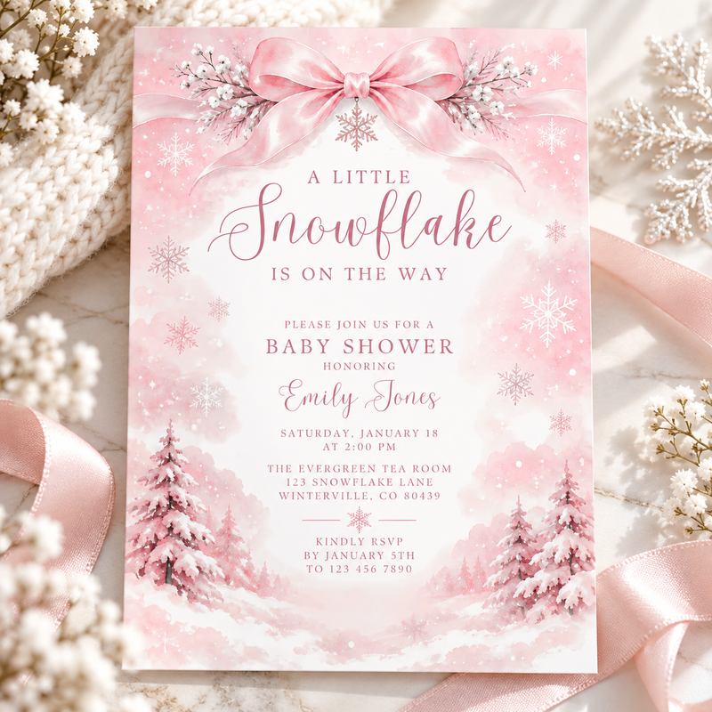 Pink Snowflake Baby Shower Invitation BS337