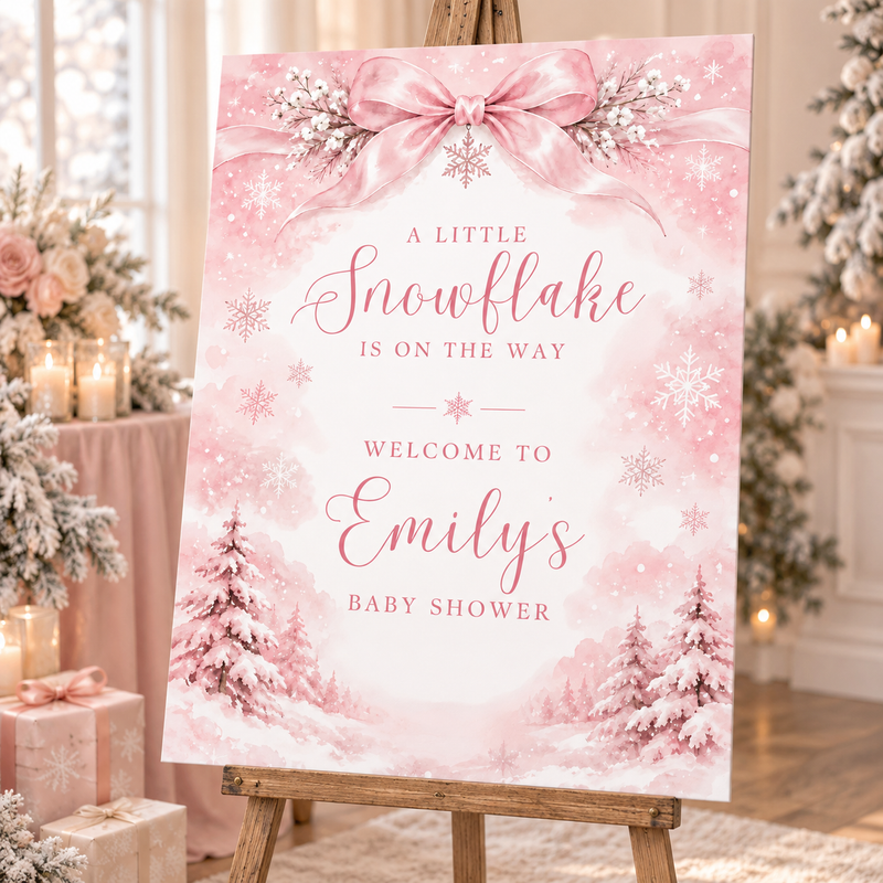 Pink Little Snowflake Baby Shower Welcome Sign BS337