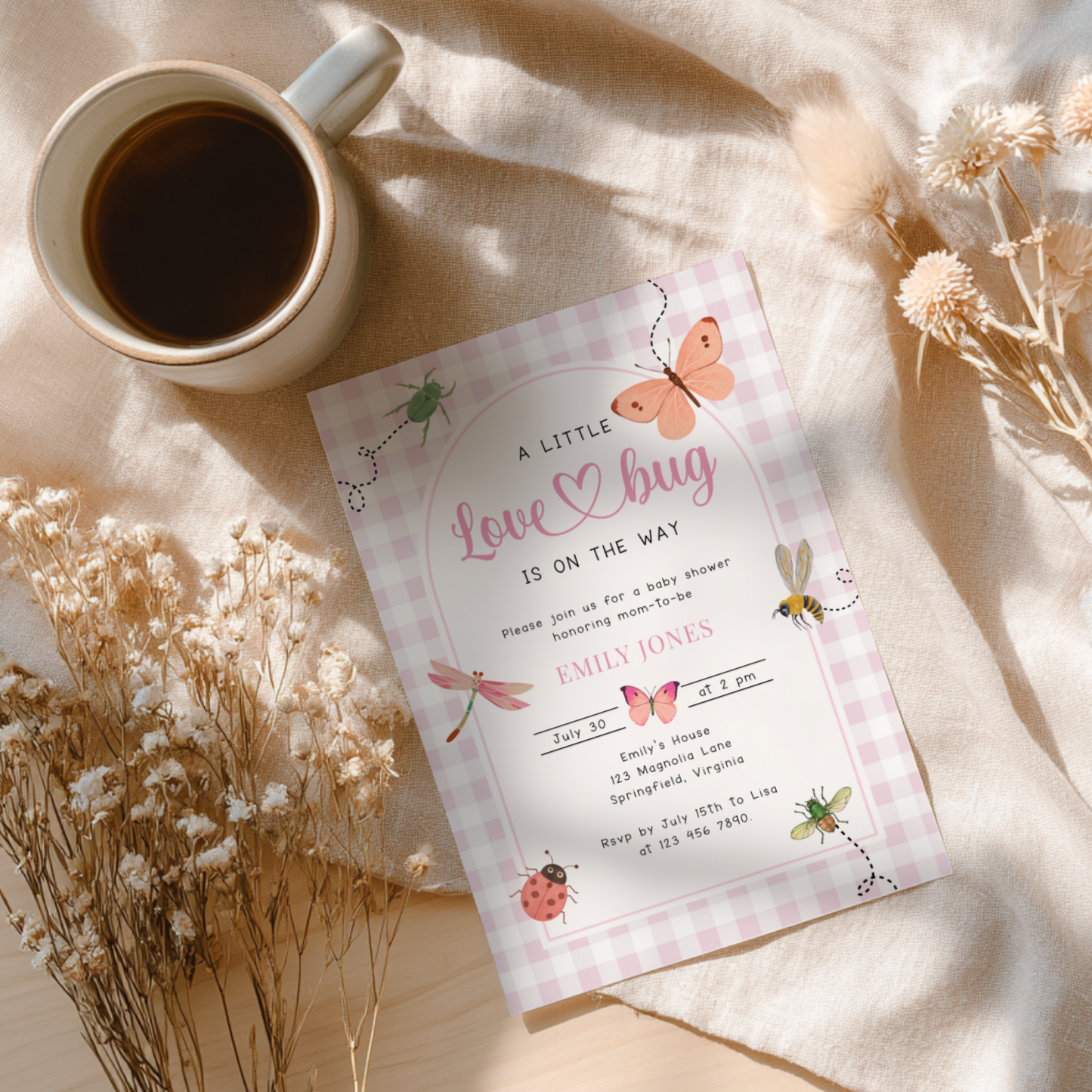 Pink Gingham Love Bug Baby Shower Invitation BS277