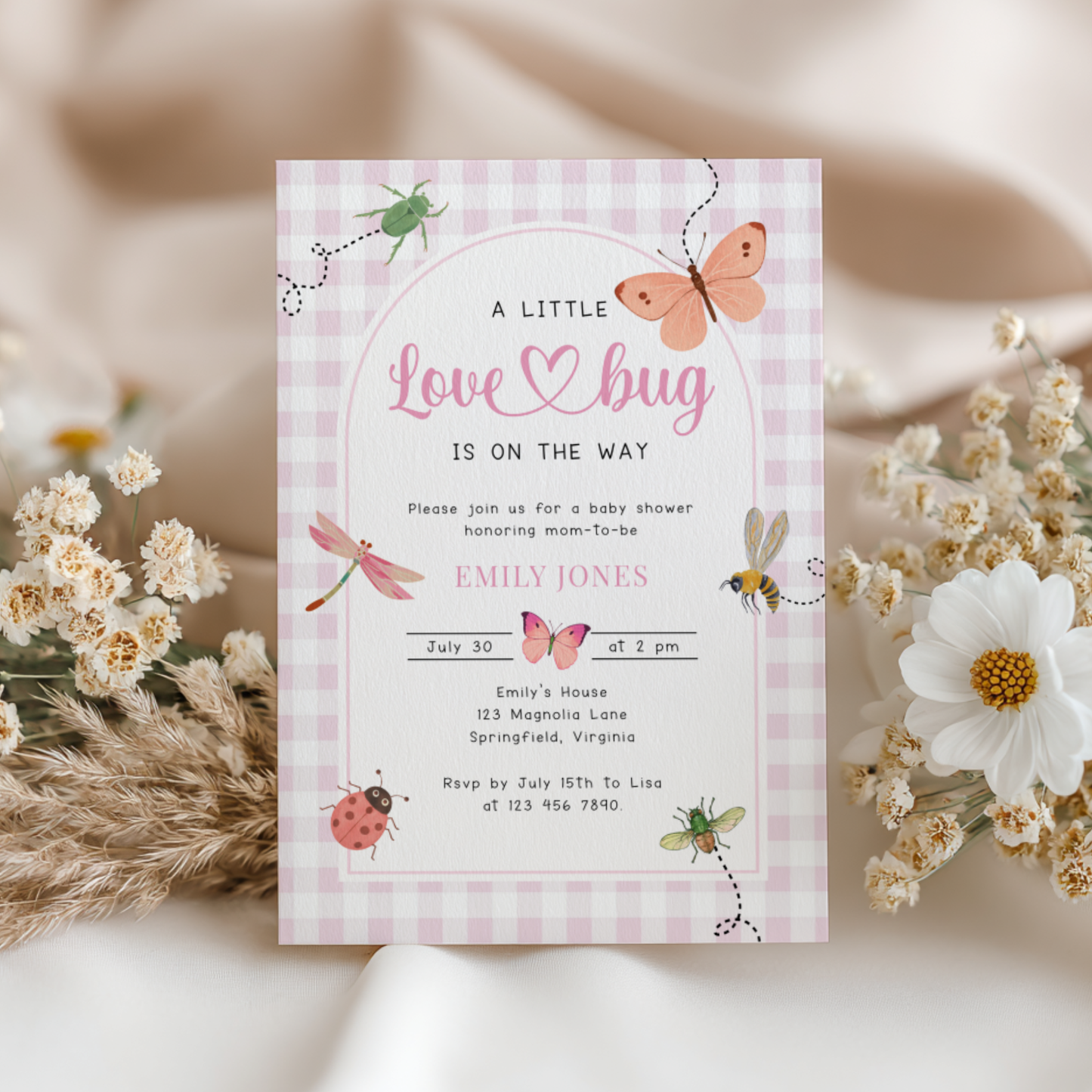 Pink Gingham Love Bug Baby Shower Invitation BS277