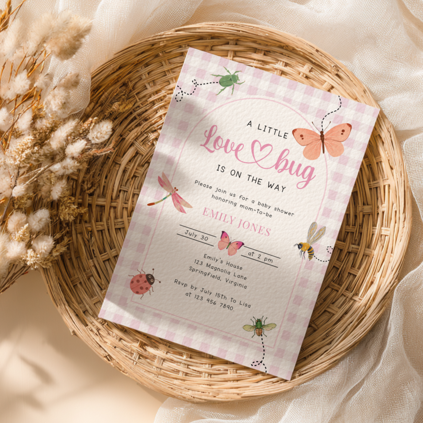 Pink Gingham Love Bug Baby Shower Invitation BS277