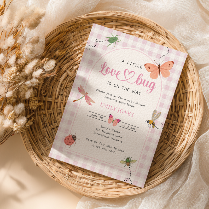 Pink Gingham Love Bug Baby Shower Invitation BS277