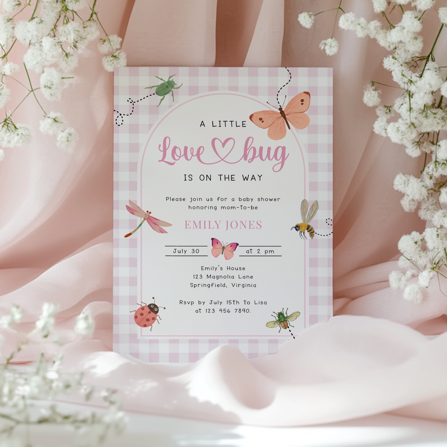 Pink Gingham Love Bug Baby Shower Invitation BS277